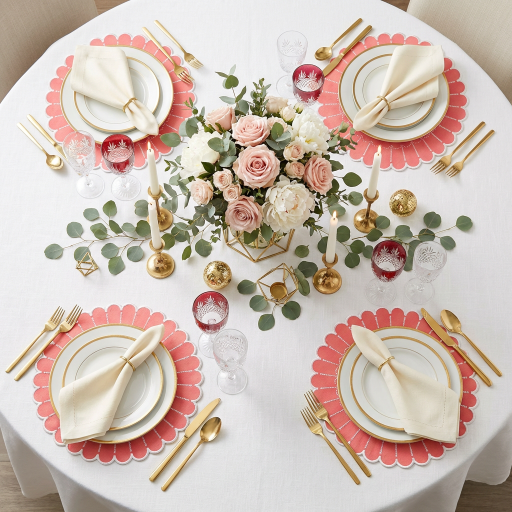4pc/set Sunburst Edge Placemats - Coral/White Trim - CV Linens
