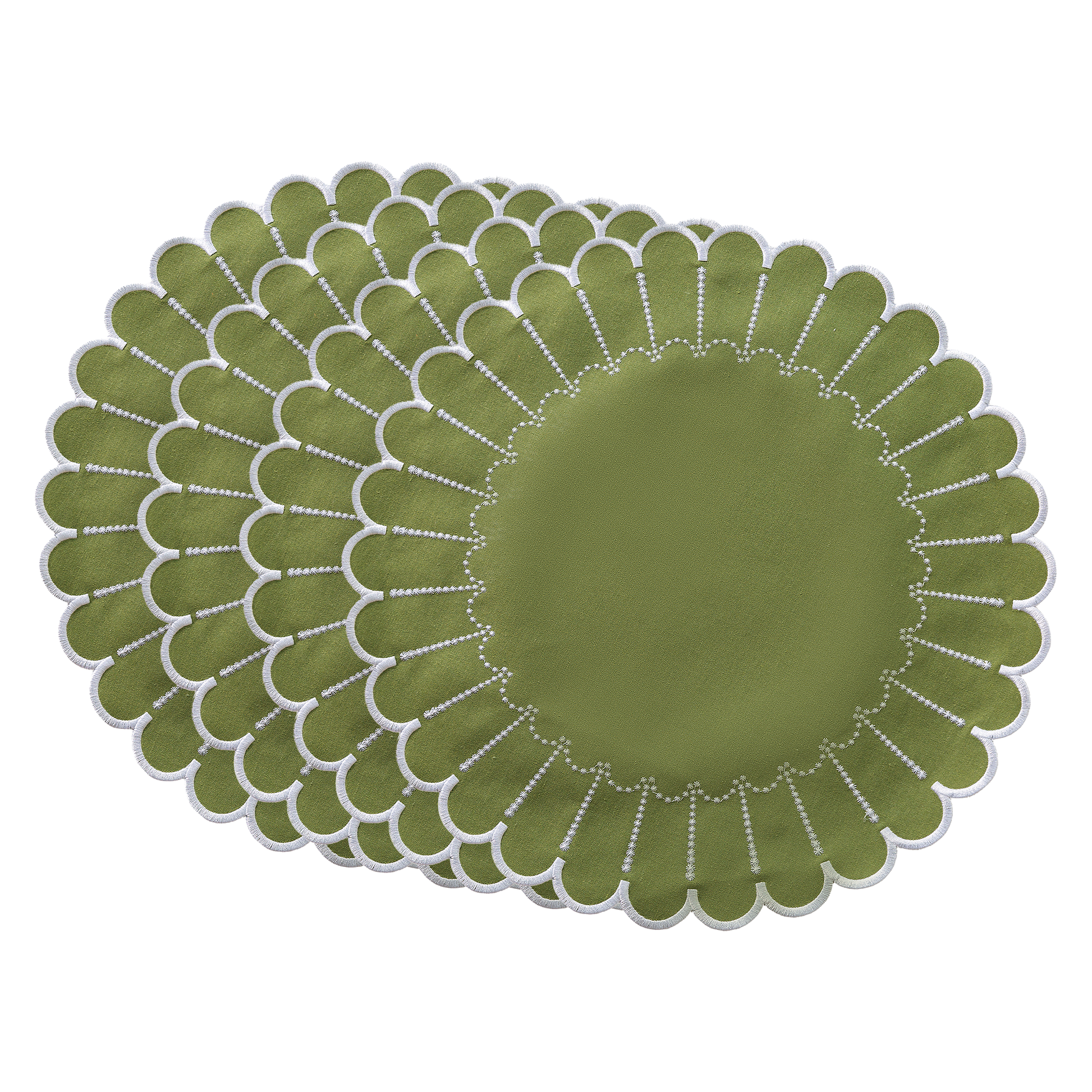 4pc/set Sunburst Edge Placemats Olive Green/White Trim bundle