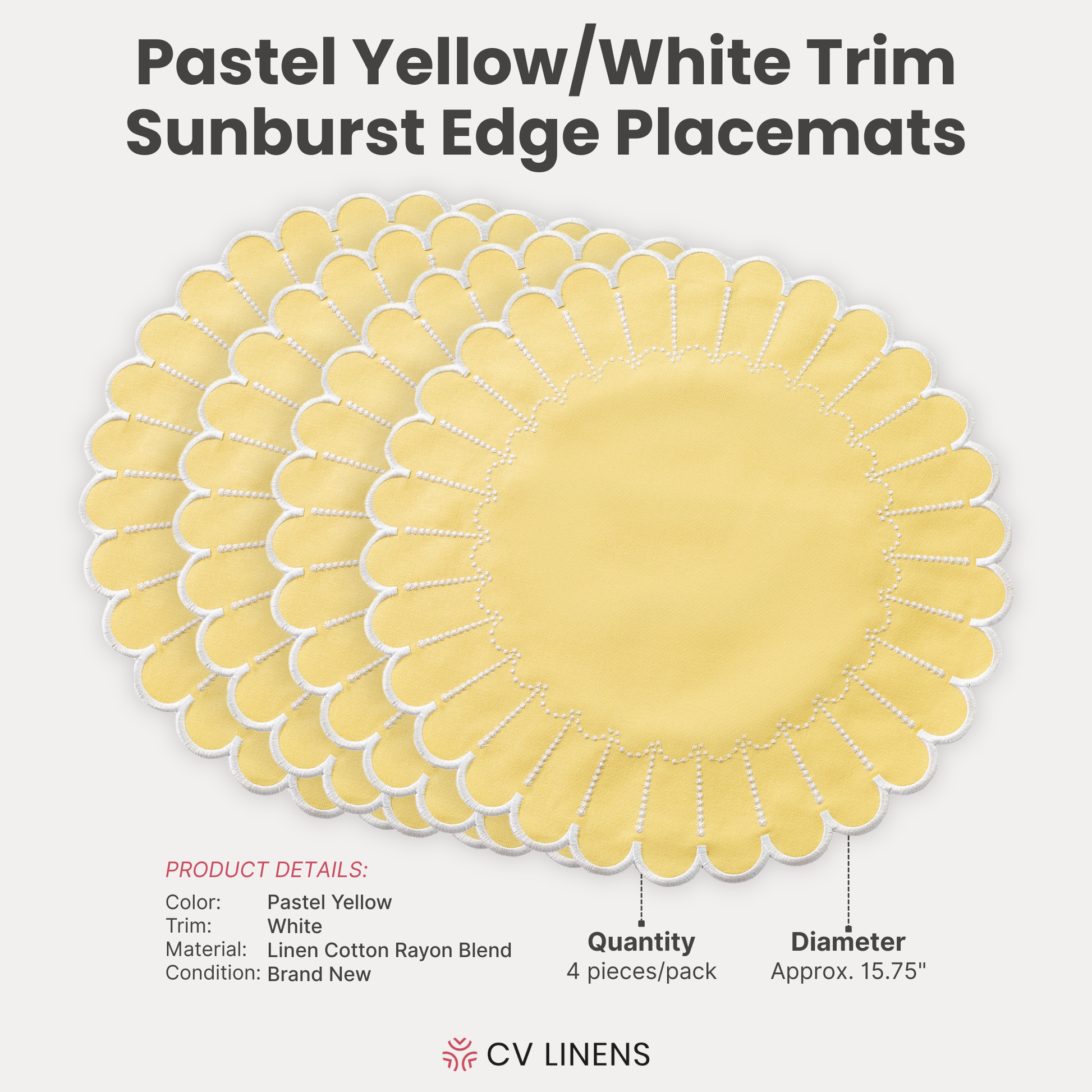 4pc/set Sunburst Edge Placemats Pastel Yellow/White Trim infographic