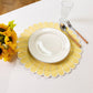 4pc/set Sunburst Edge Placemats Pastel Yellow/White Trim paired with white dinner plate, florals, silverware on a white tablecloth