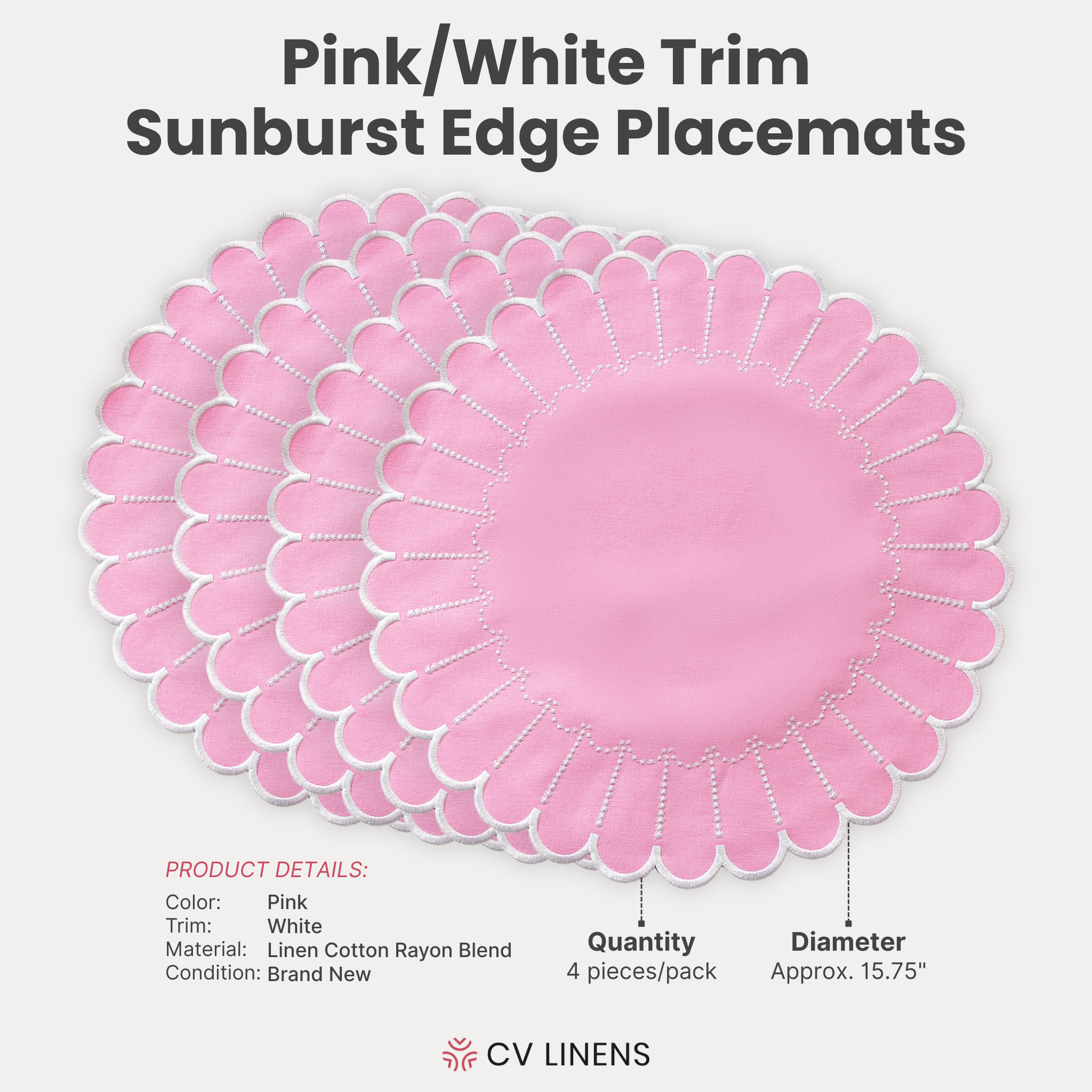4pc/set Sunburst Edge Placemats Pink/White Trim infographic
