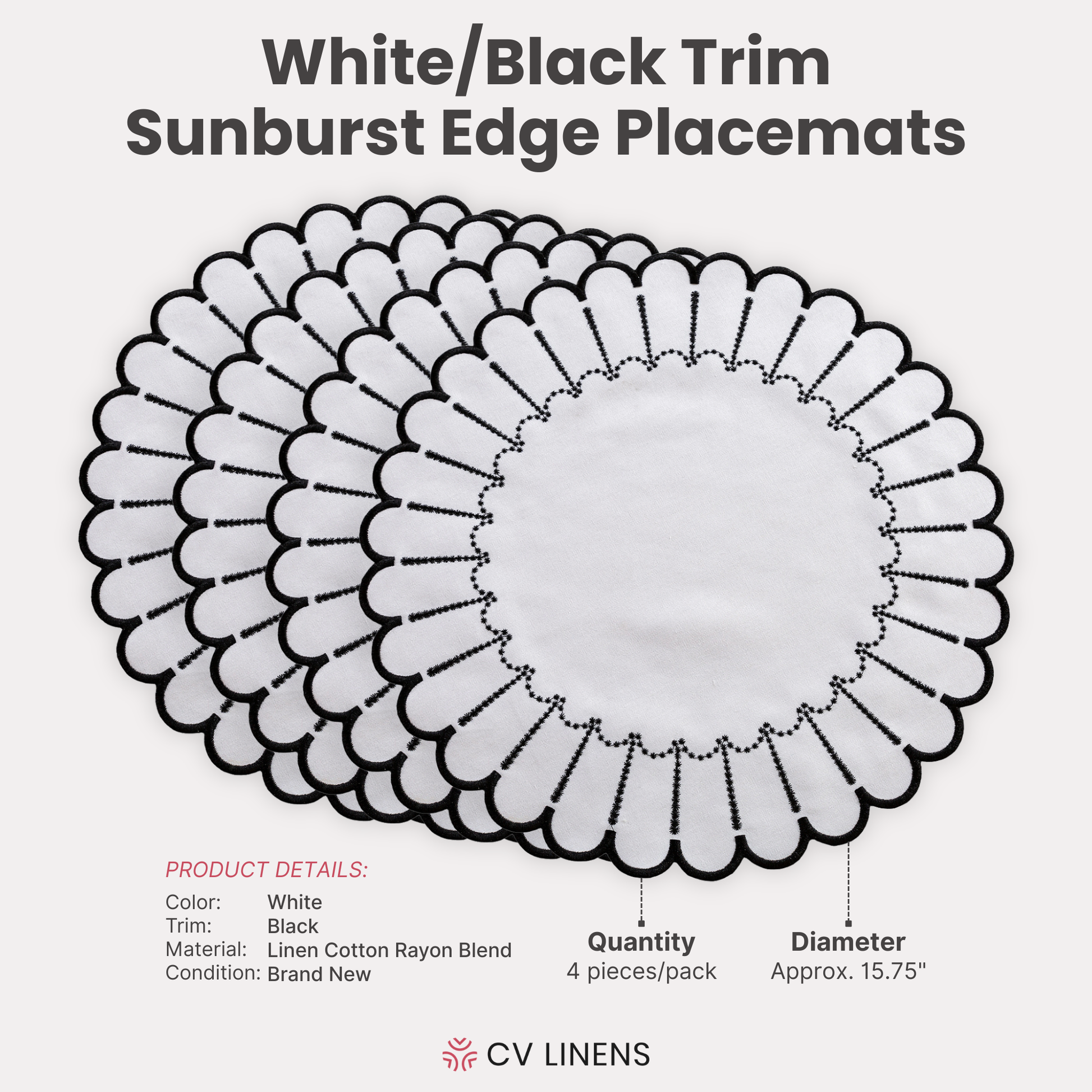 4pc/set Sunburst Edge Placemats White/Black Trim infographic