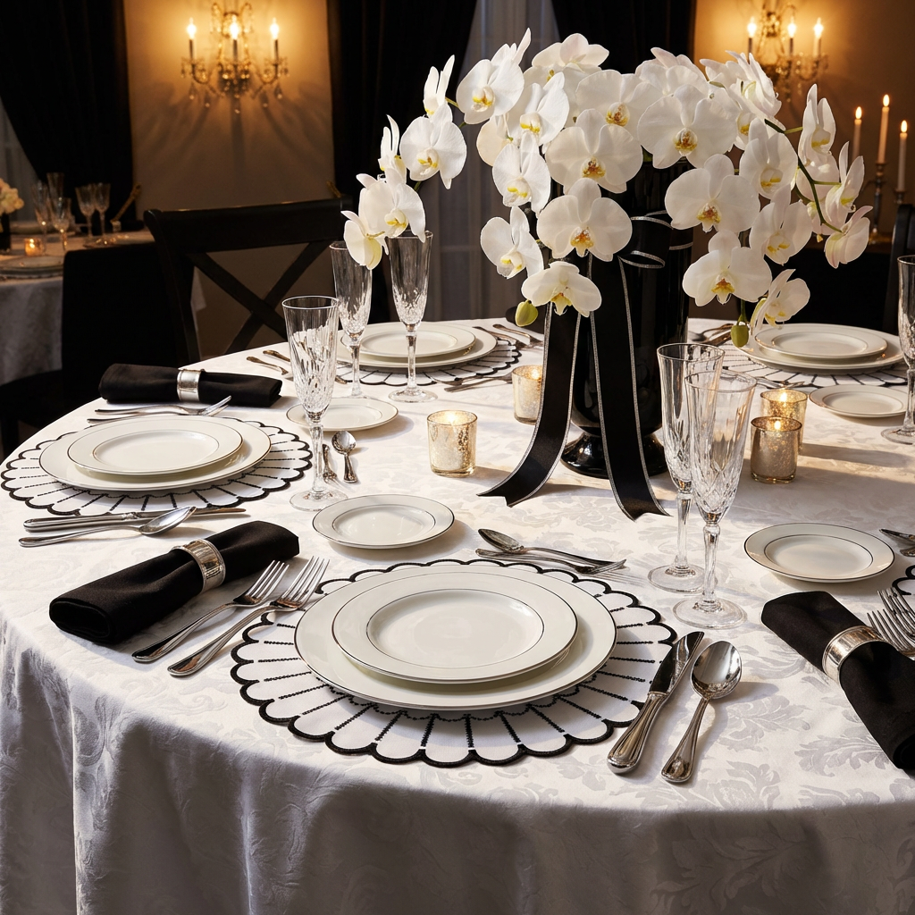 4pc/set Sunburst Edge Placemats White/Black Trim with white dinner plates, black napkins with silver napkin rings and wine glasses