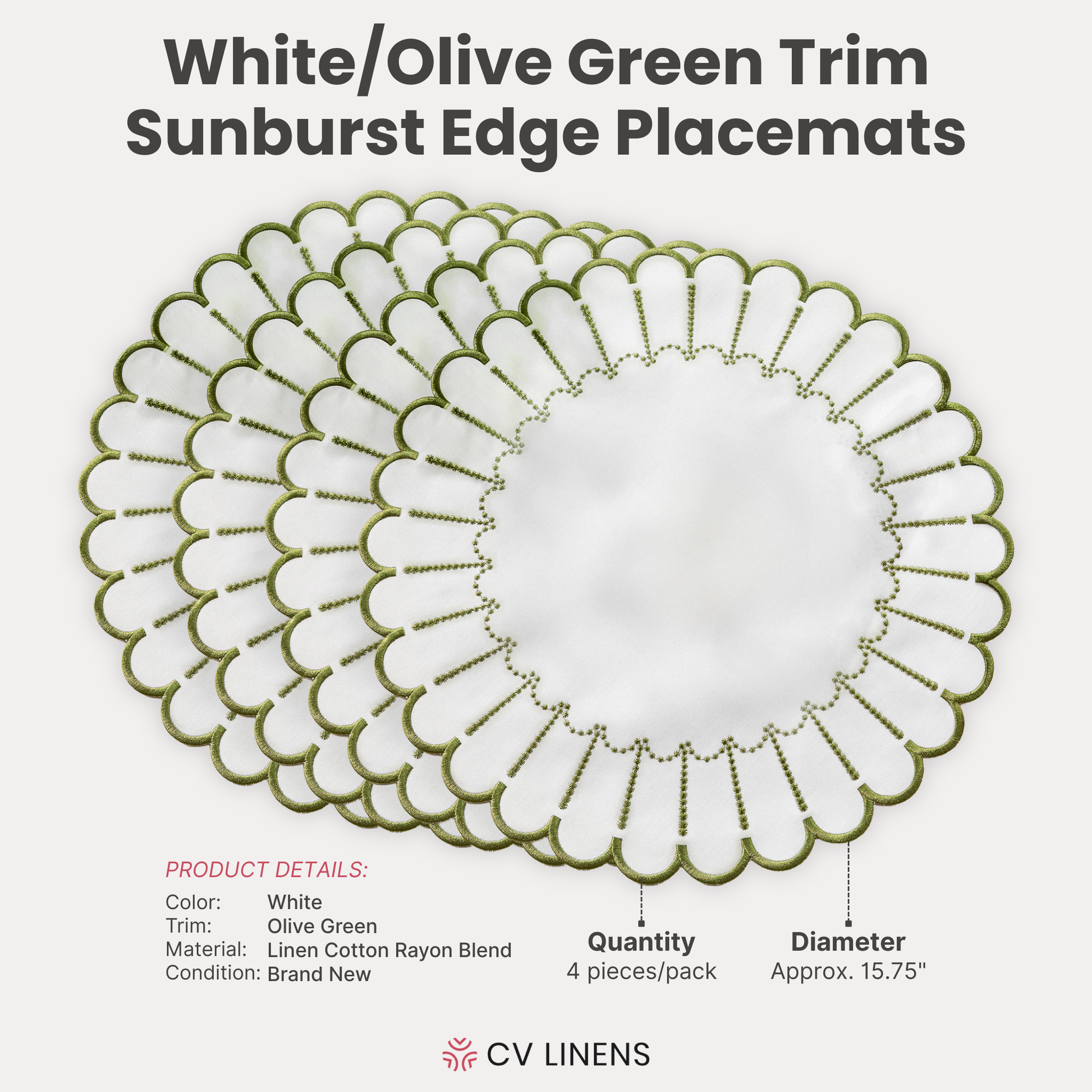 4pc/set Sunburst Edge Placemats White/Olive Green Trim infographic