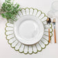 4pc/set Sunburst Edge Placemats White/Olive Green Trim paired with a white dinner plate, faux greenery, silverware on a white tablecloth