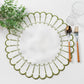 4pc/set Sunburst Edge Placemats White/Olive Green Trim paired with faux greenery, silverware on a white tablecloth