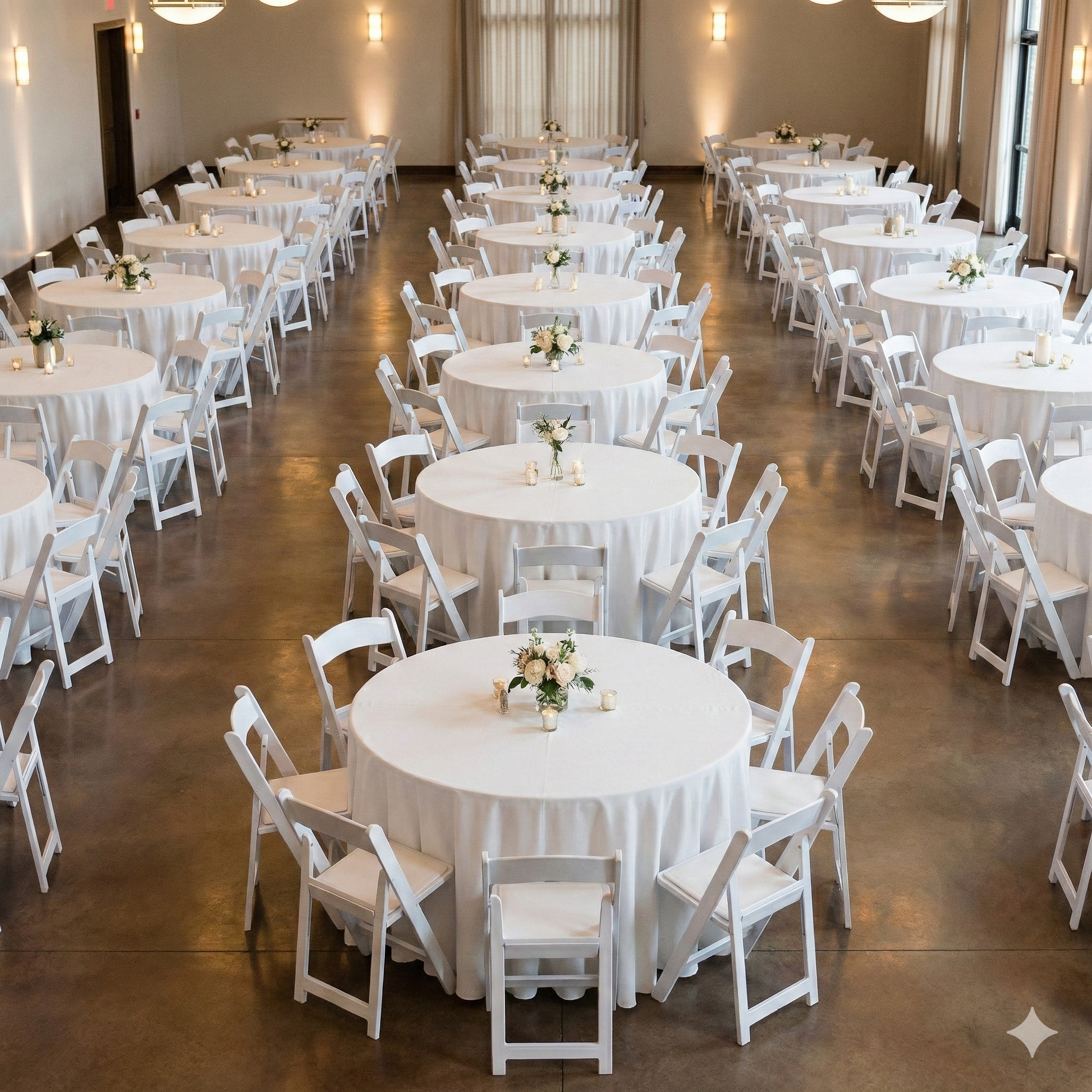 White Resin Folding Chair 4pc/pk around a 60" round table with florals and votive candles