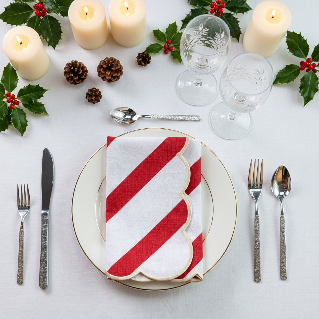 4 pcs/pk Stripe 18"x18" Scalloped Edge Napkins - Red & White Top-Down Flat Lay