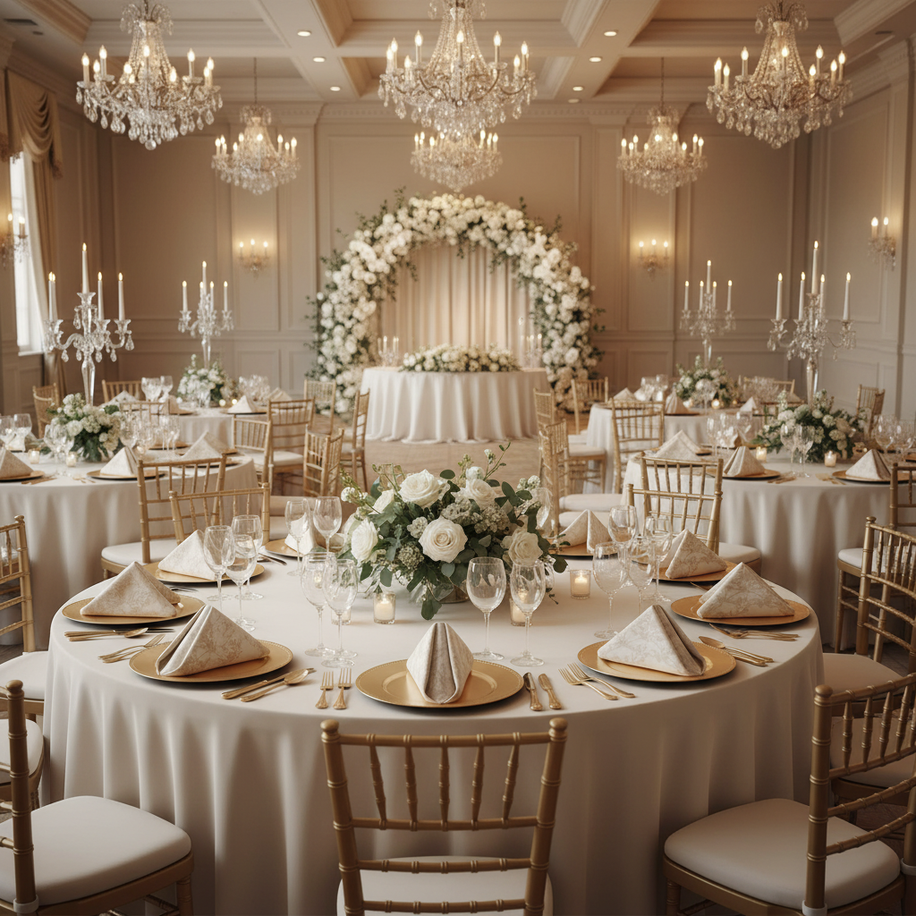wedding reception table setup with 5 pcs/pk Leaf Branch Reversible Jacquard Napkin 20"x20" - Champagne