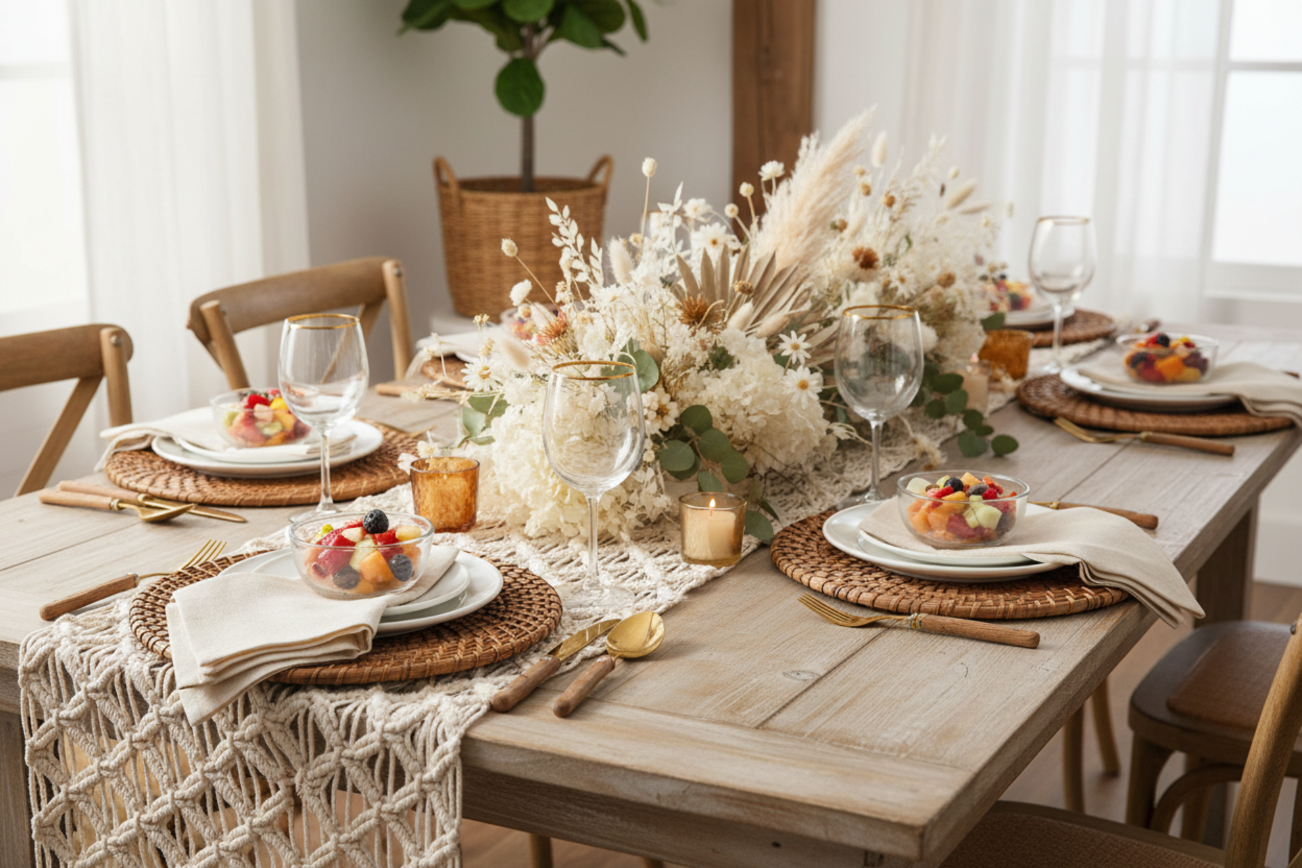 indoor boho theme brunch with 5 pcs/pk Premium Linen-Look Panama Weave 20"x20" Napkin - Ivory