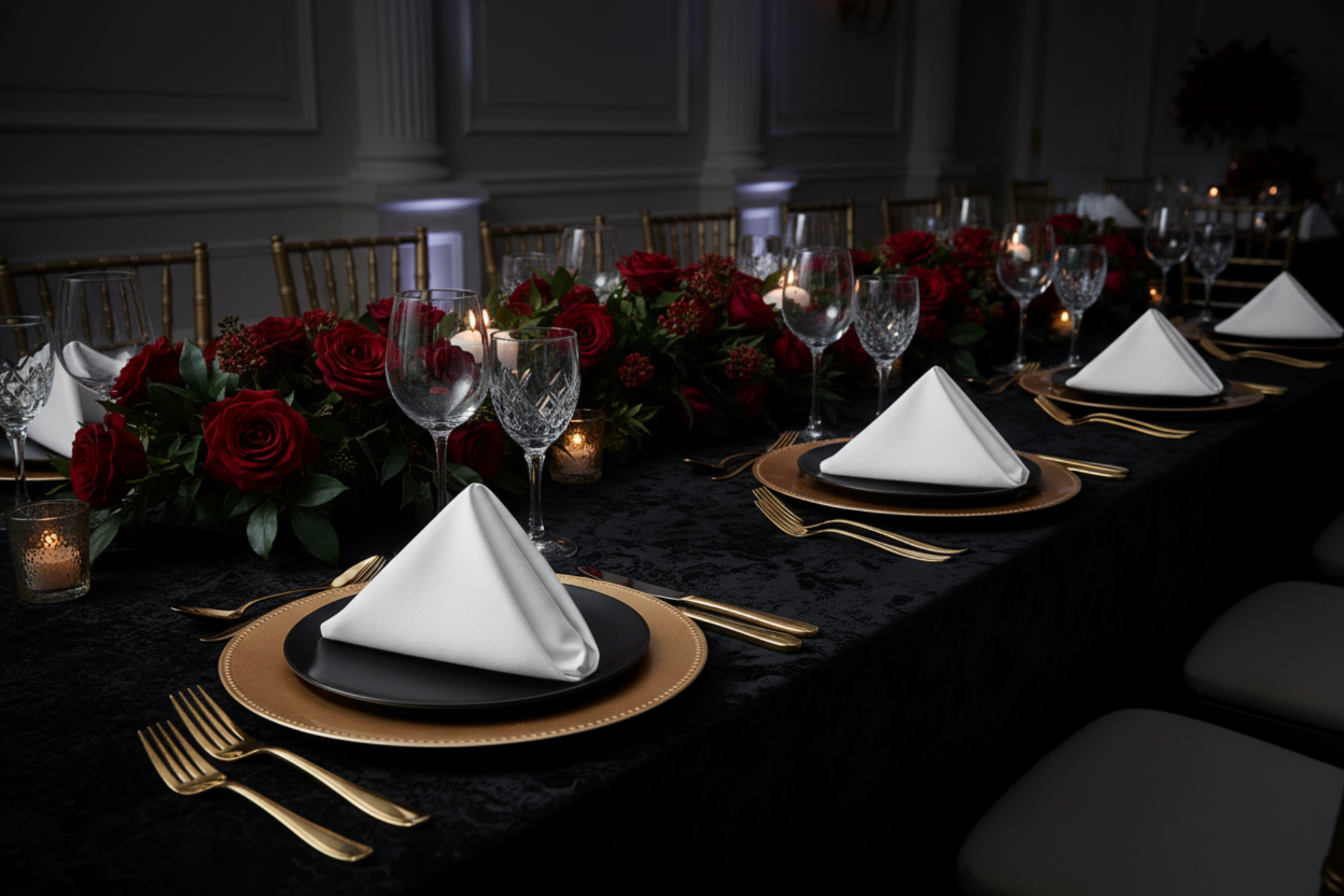 dinner setup with black tablecloth, gold charger plate and 5 pcs/pk Premium Linen-Look Panama Weave 20"x20" Napkin - White 