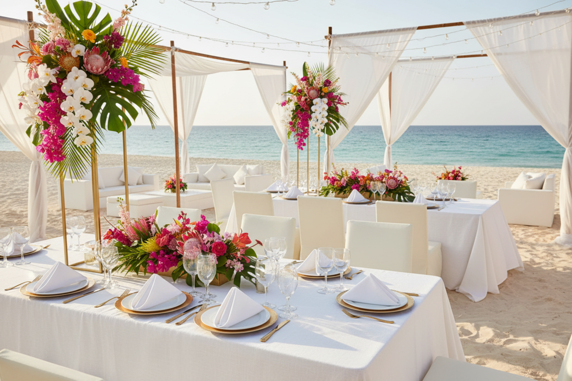 beachfront wedding setup with 5 pcs/pk Premium Linen-Look Panama Weave 20"x20" Napkin - White