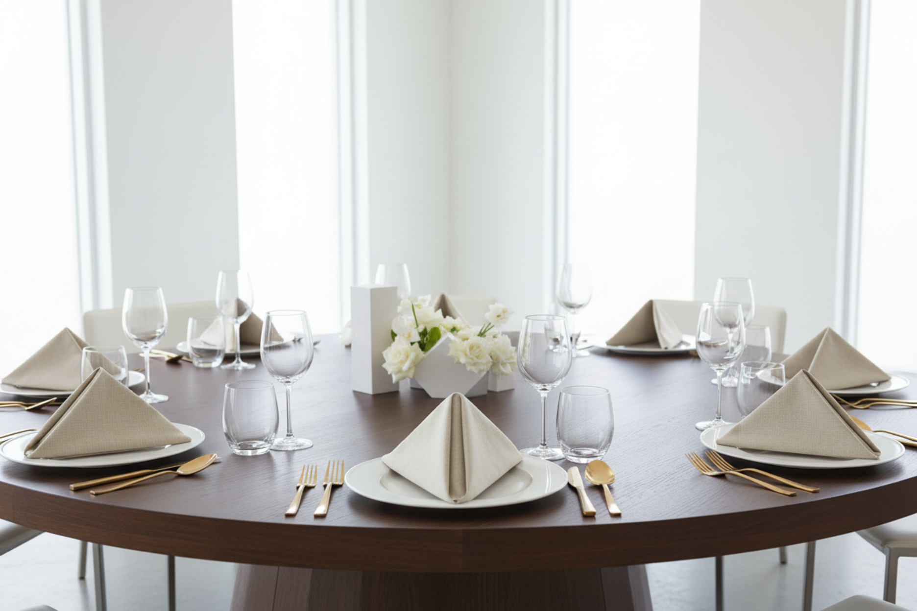 minimalist corporate setup with 5 pcs/pk Premium Linen-Look Panama Weave 20"x20" Napkin - Beige