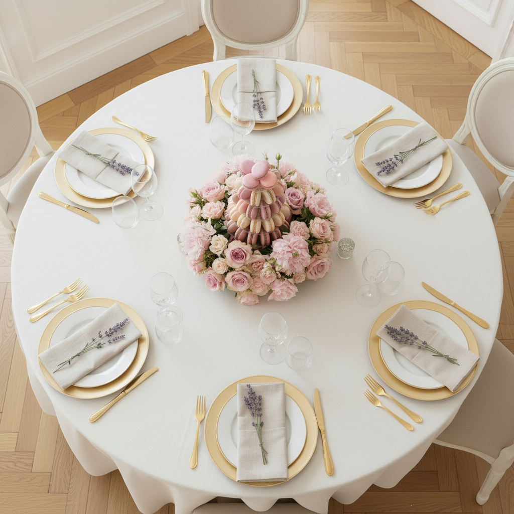 top view bridal setup with 5 pcs/pk Premium Linen-Look Panama Weave 20"x20" Napkin - Beige