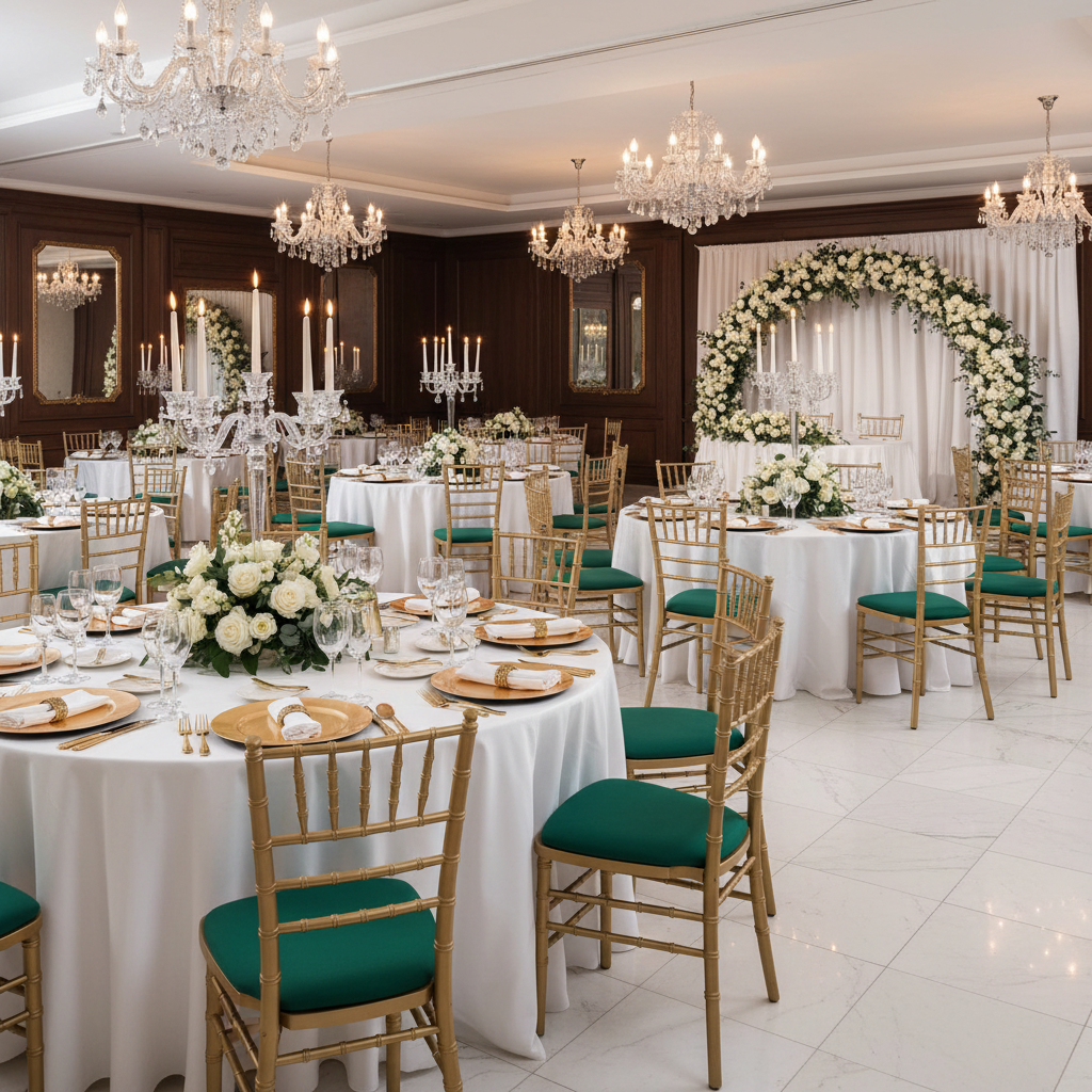 wedding table reception with 5 pcs/pk Spandex Chiavari Seat Pad Cover - Emerald Green