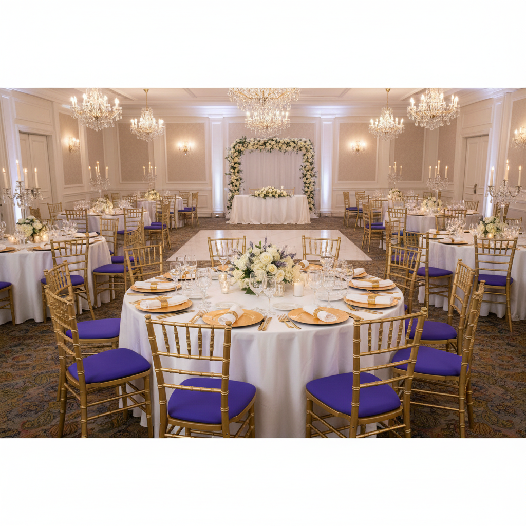 wedding reception with 5 pcs/pk Spandex Chiavari Seat Pad Cover - Purple