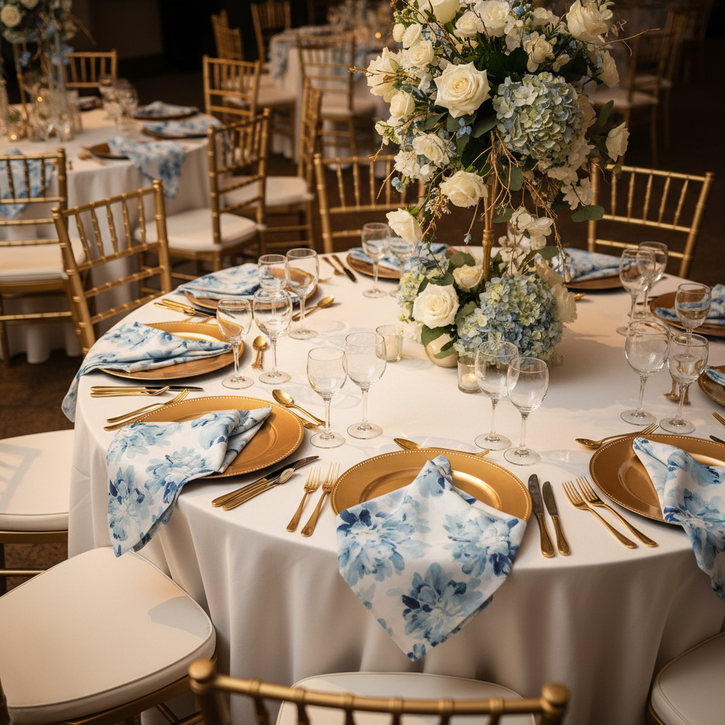 5 pcs/pk Watercolor Floral 20"x20" Napkin - Blue on a close up wedding indoor table setup