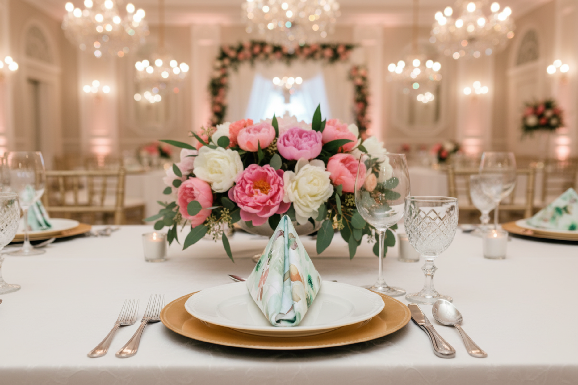 indoor spring wedding setup up with 5 pcs/pk Watercolor Floral 20"x20" Napkin - Green