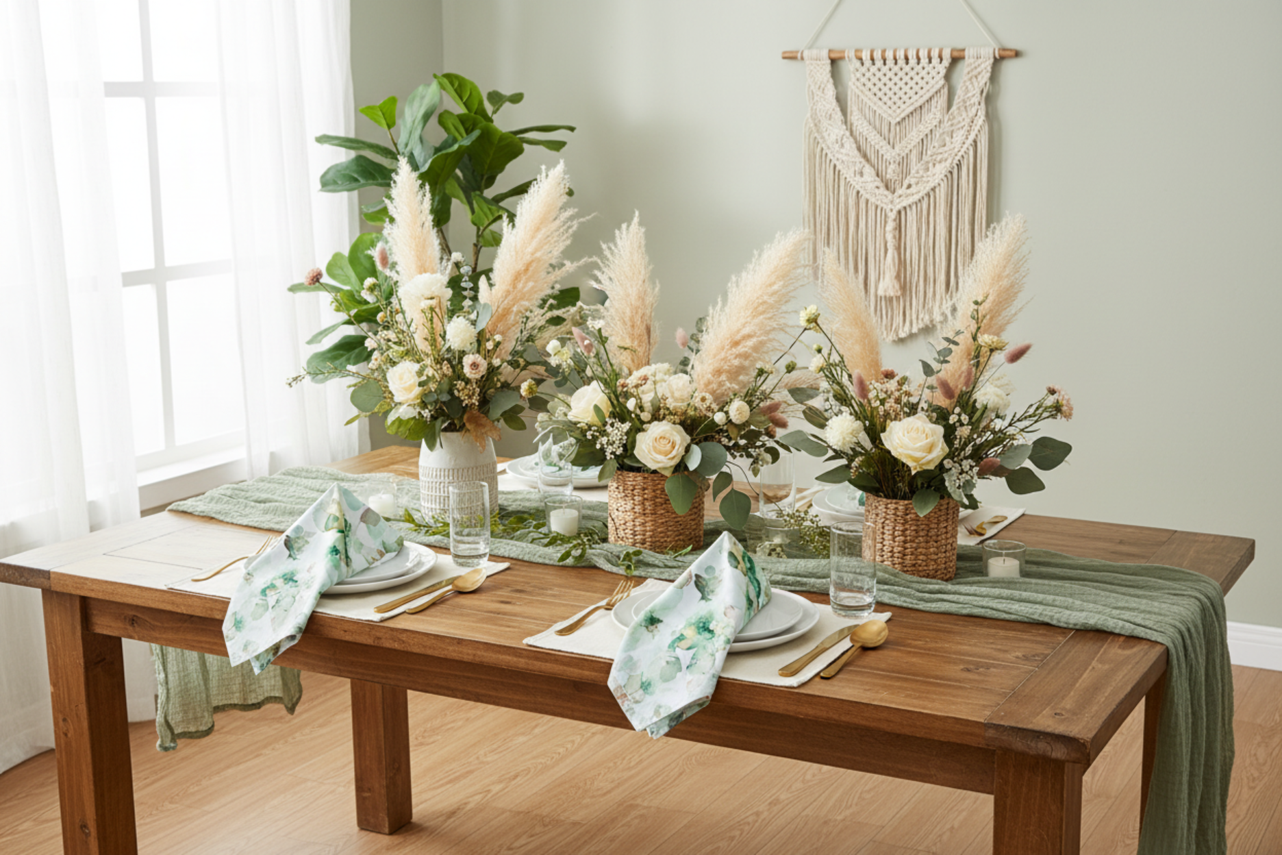 indoor boho lunch with 5 pcs/pk Watercolor Floral 20"x20" Napkin - Green