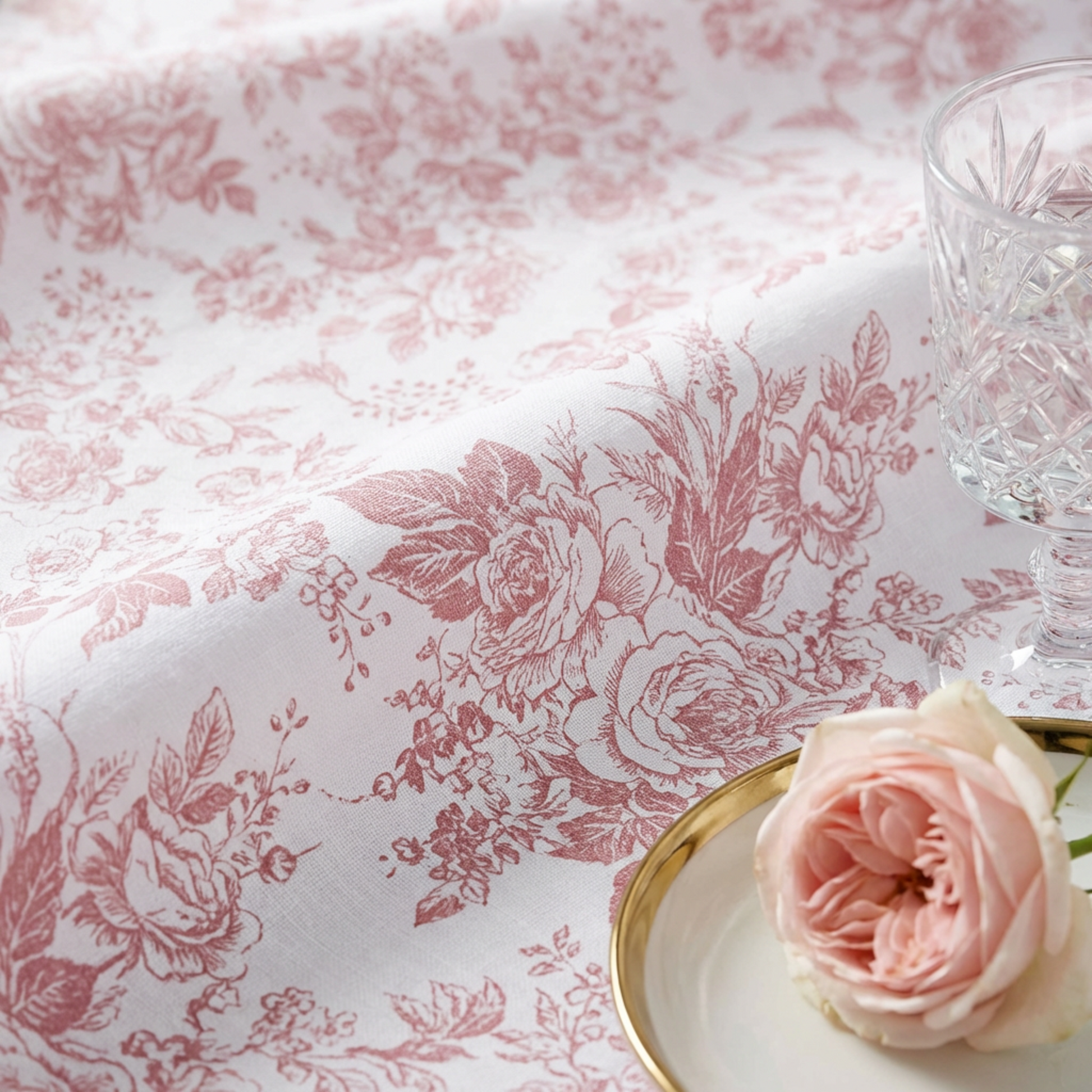 5 yards French Toile Fabric Bolt Dusty Rose/Mauve close up