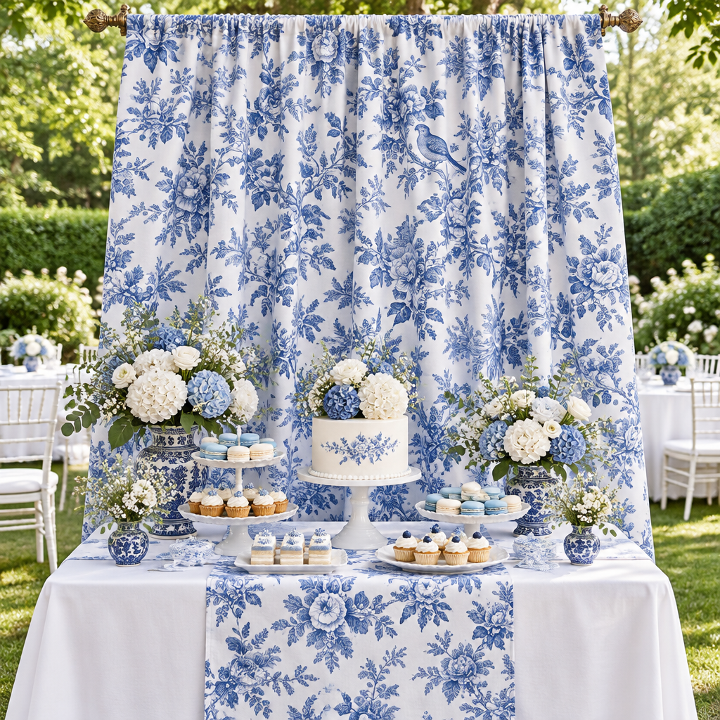 5 yards French Toile Fabric Bolt - Blue used as diy backdrop