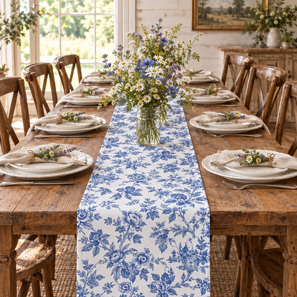 5 yards French Toile Fabric Bolt - Blue used as diy table runner