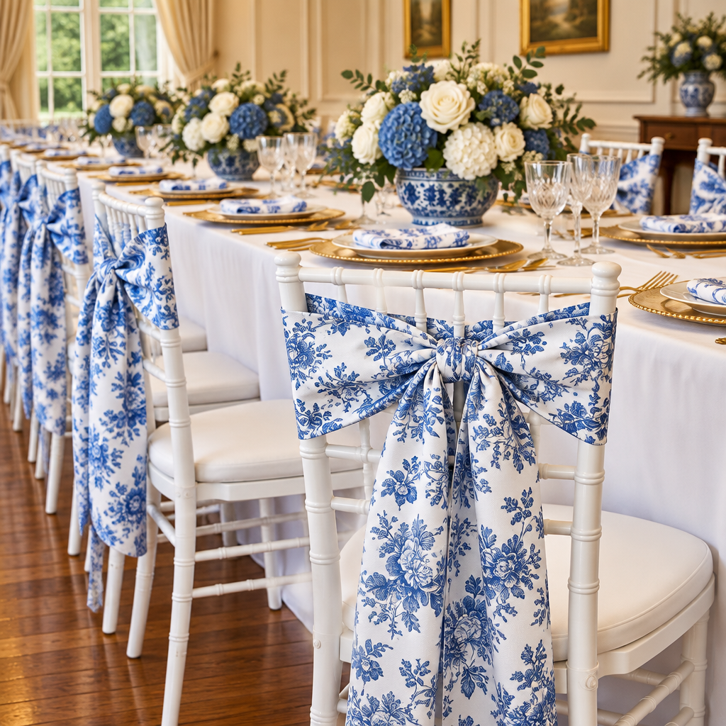 5 yards French Toile Fabric Bolt - Blue used as diy chair sash