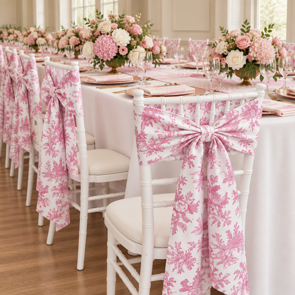 5 yards French Toile Fabric Bolt - Pink as diy chair sash