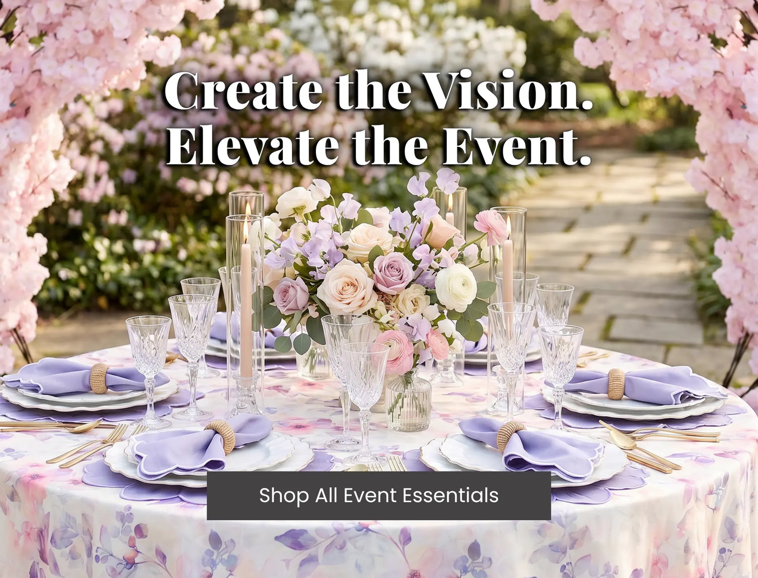 Elegant outdoor event decor table setting with lavender linens, blush roses centerpiece, glassware and candle votives.