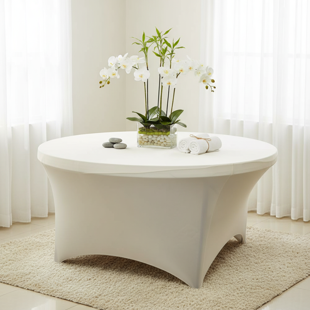 5FT Round Spandex Table Cover - Ivory for indoor business decor