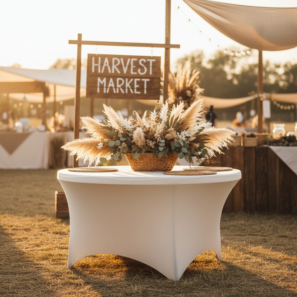 5FT Round Spandex Table Cover - Ivory for outdoor market mock up
