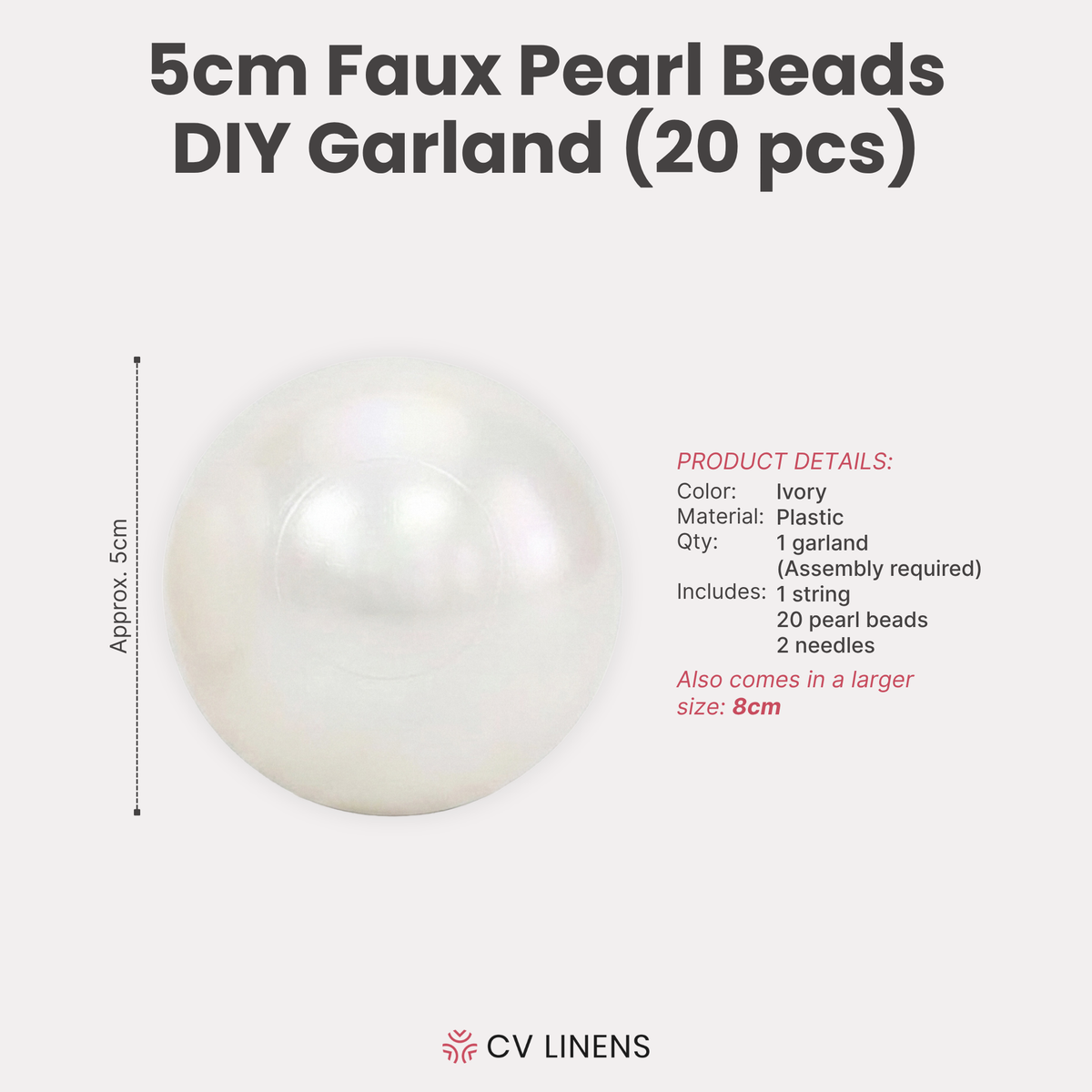 5cm Faux Pearl Beads DIY Garland (20pcs) infographic showing product dimensions