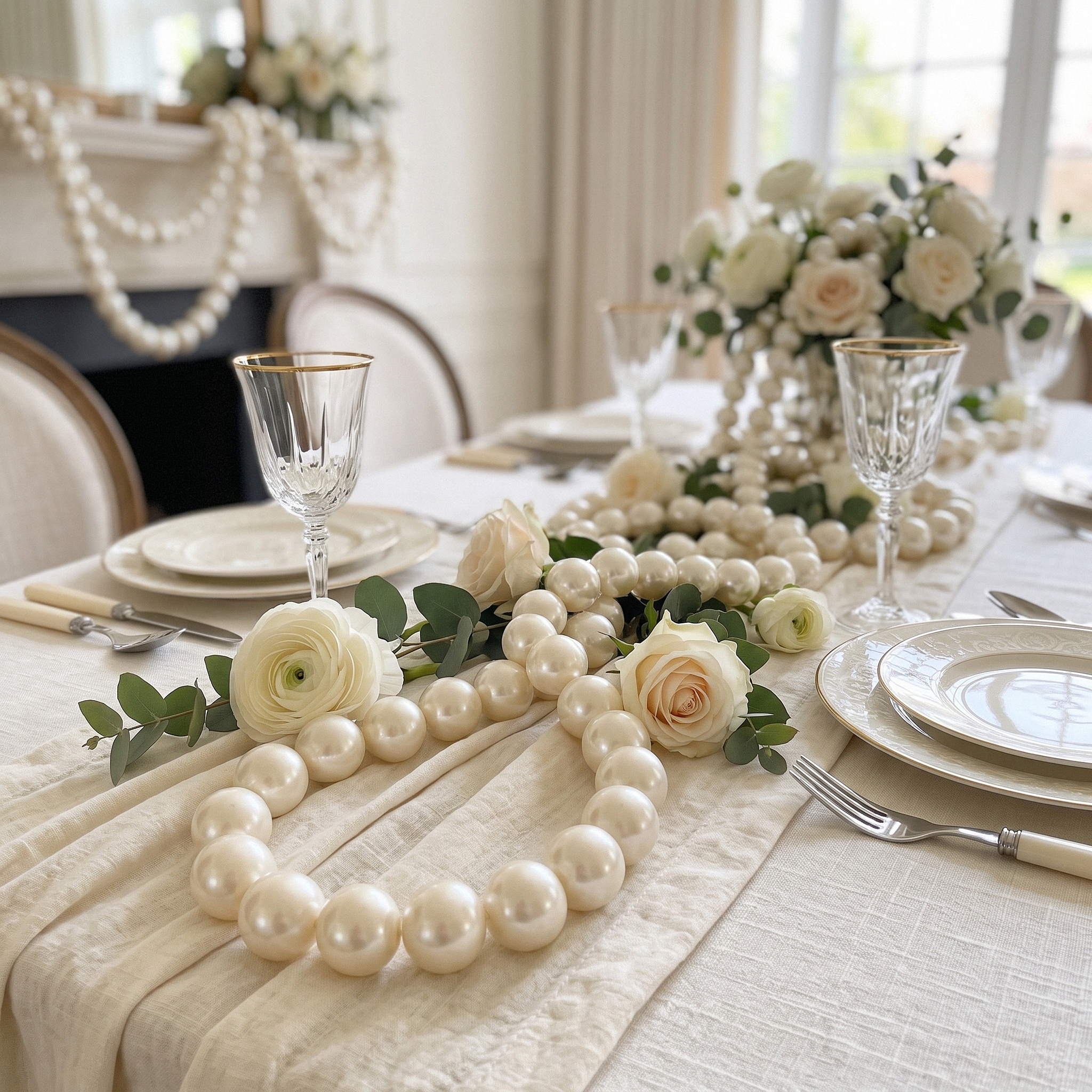 5cm Faux Pearl Beads DIY Garland (20pcs) laid in middle of the table with florals