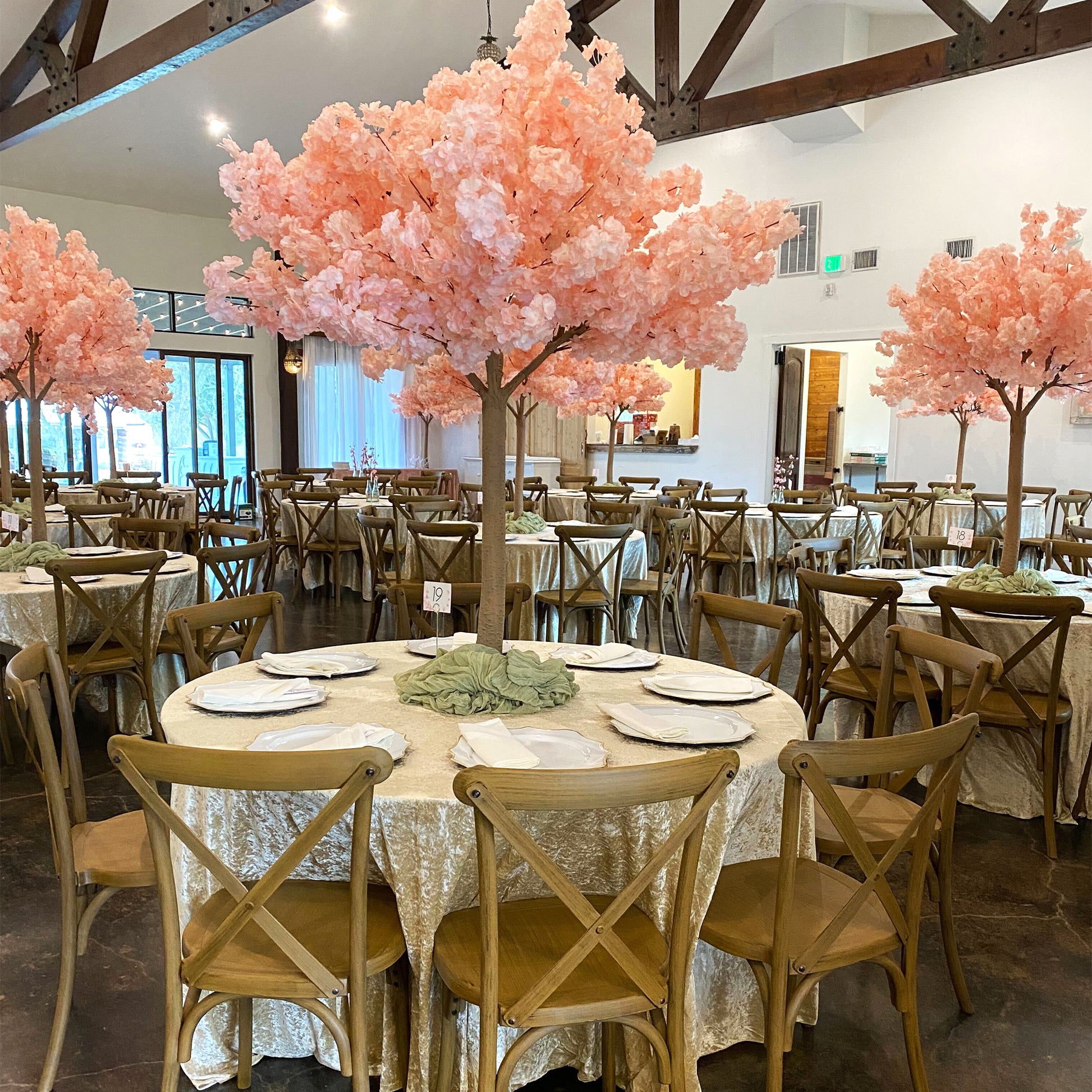rustic barn reception with 5ft Blush Cherry Blossom Tree Backdrop Frame Stand