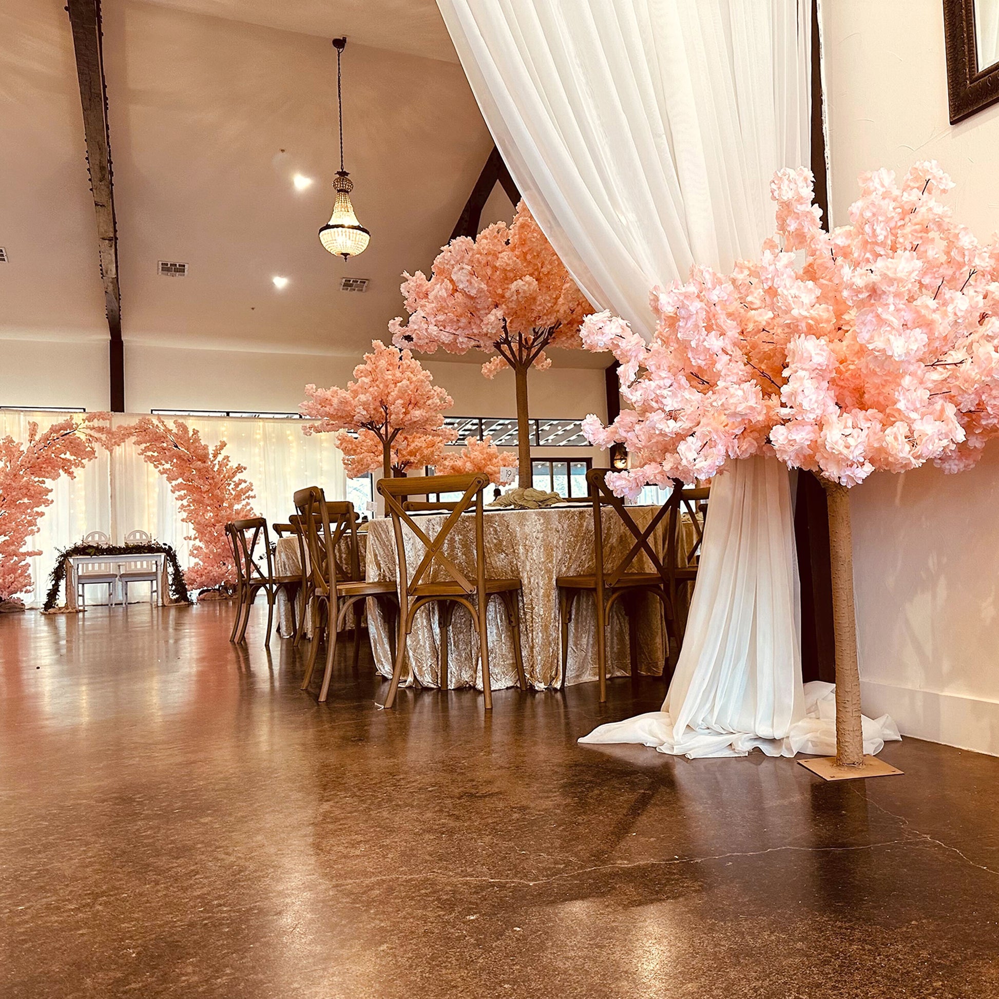 intimate wedding reception with 5ft Blush Cherry Blossom Tree Backdrop Frame Stand