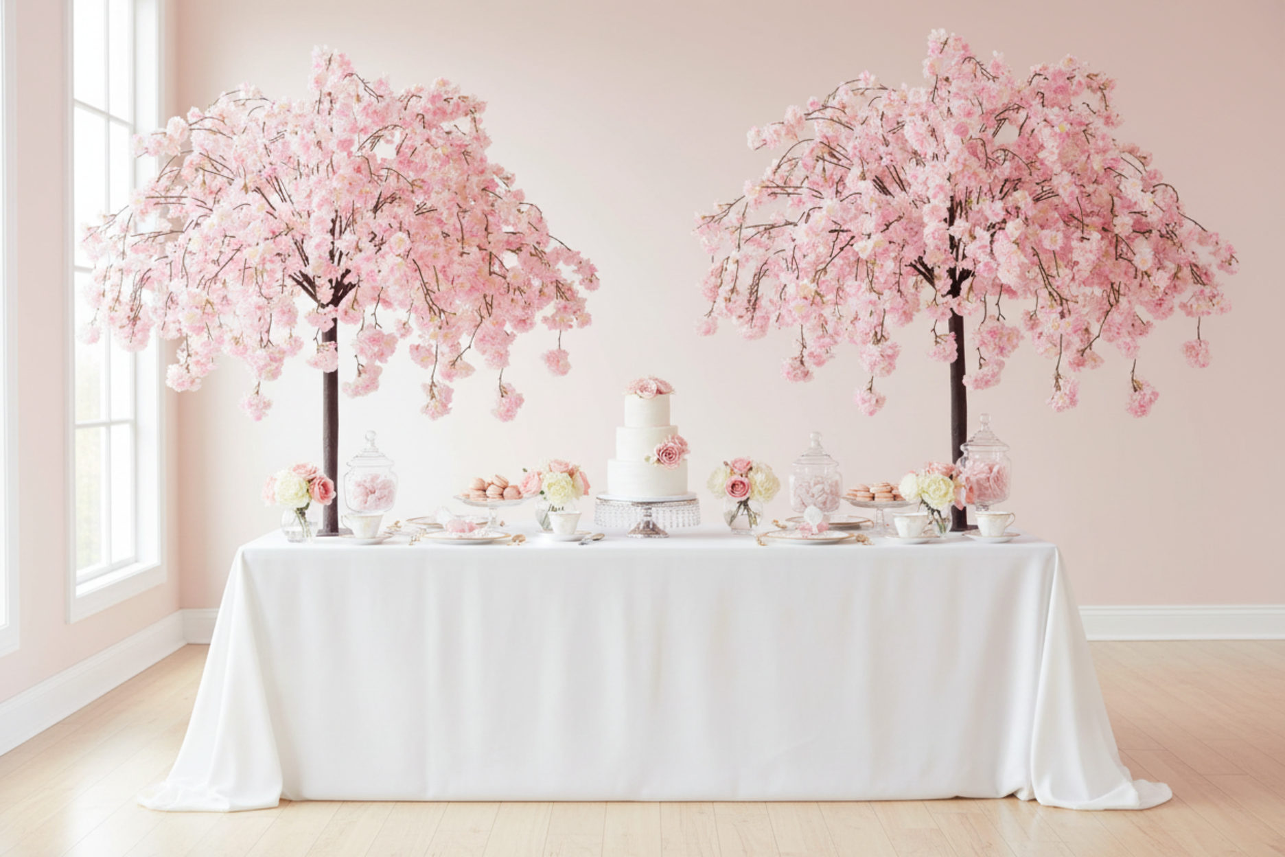 Bridal shower setup with 5ft Weeping Cherry Blossom Tree - Pink