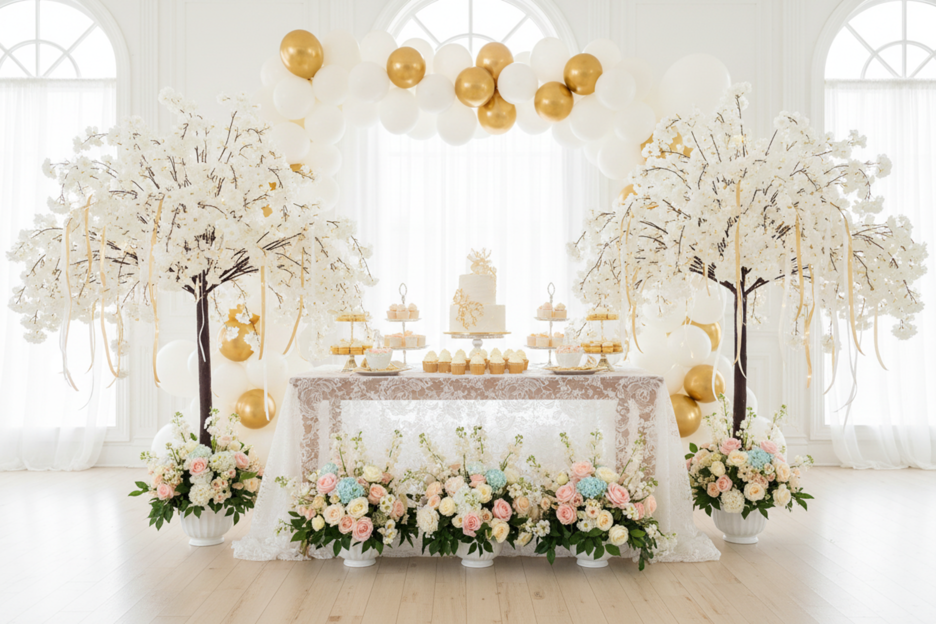 baby shower setup with 5ft Weeping Cherry Blossom Tree - White