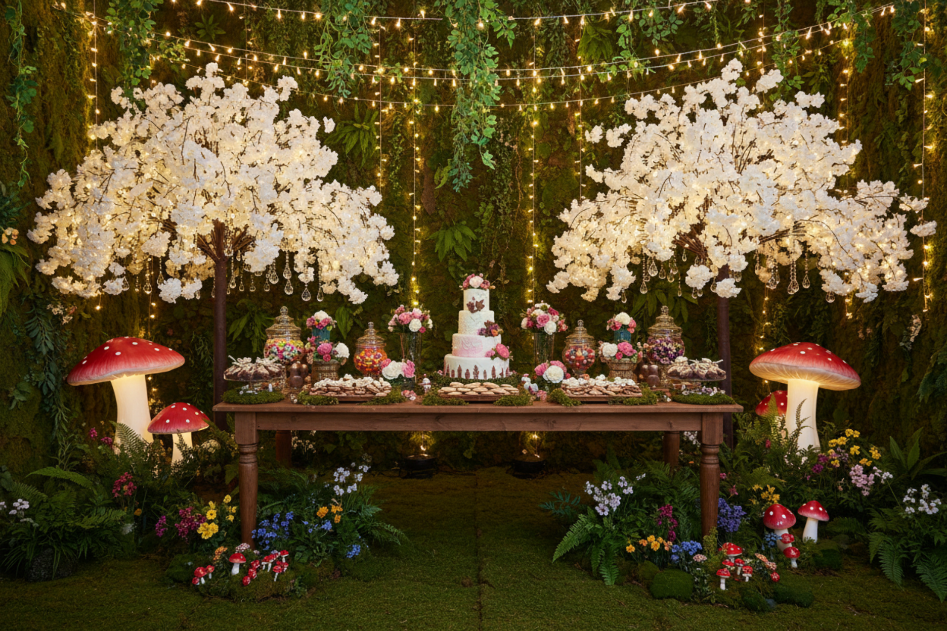 enchanted forest setup with 5ft Weeping Cherry Blossom Tree - White