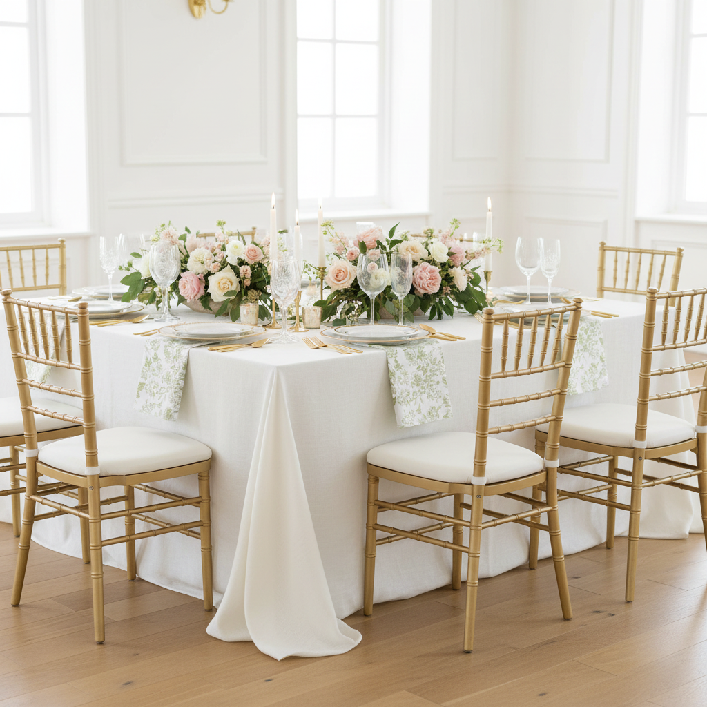 French Toile 20"x20" Linen Napkin Sage Green  with gold chaivari chairs and wine glasses