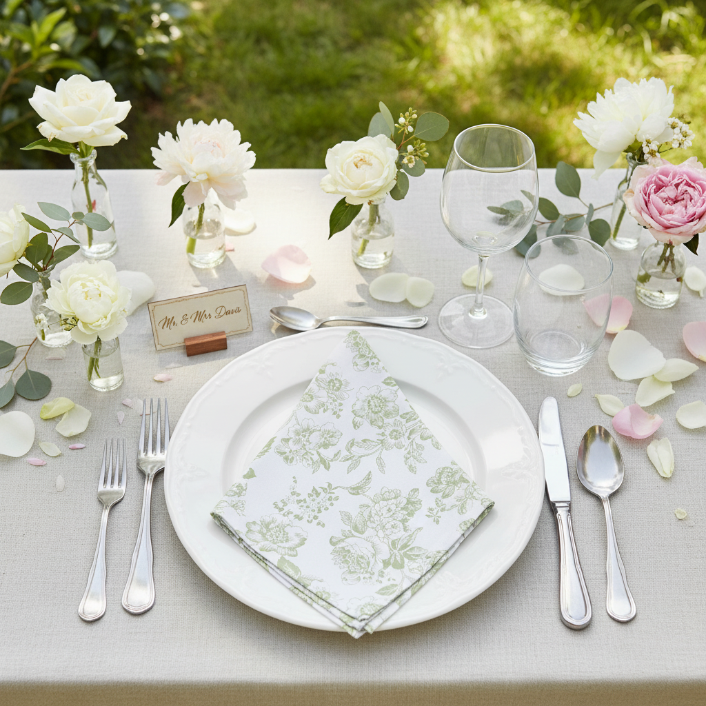 French Toile 20"x20" Linen Napkin (5pc/pk) Sage Green on a white dinner plate outdoor 
