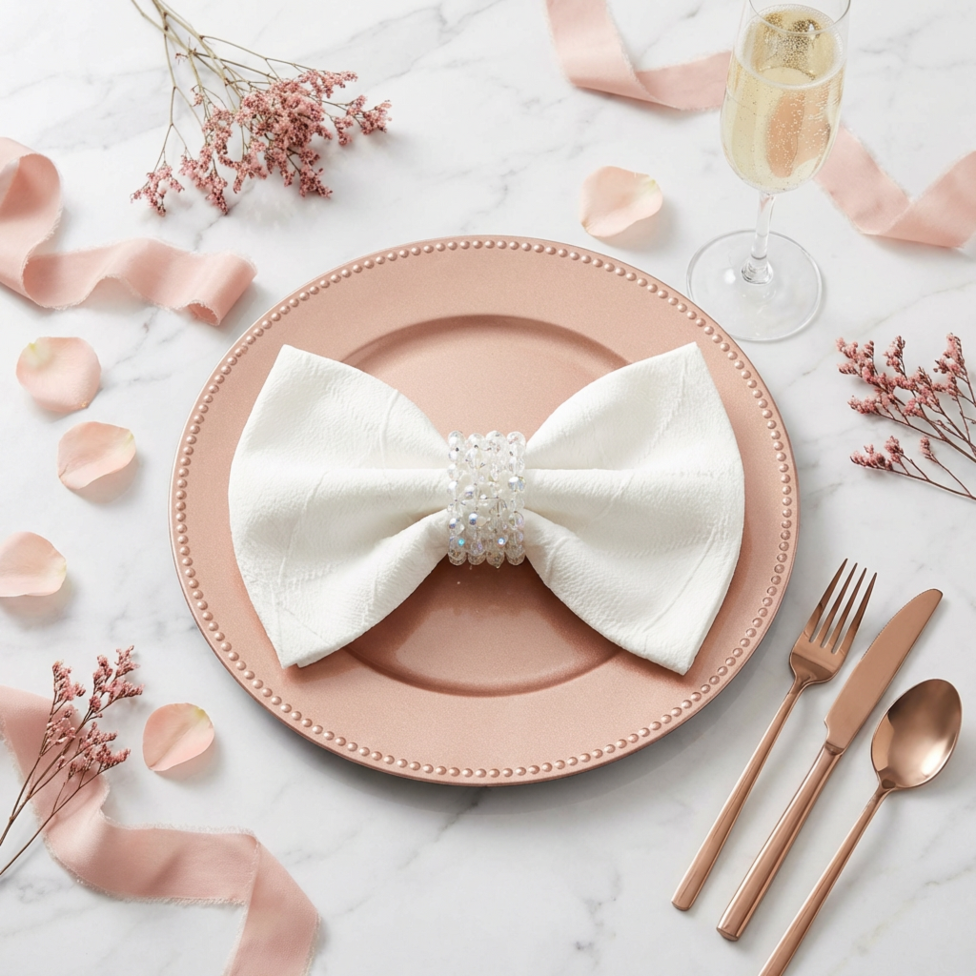 Embossed Geometric Jacquard Napkin 20"x20" Light Ivory/Off White, bow fold with a pearl napkin ring, blush/rose gold charger plate, rose petals, and blush silverware