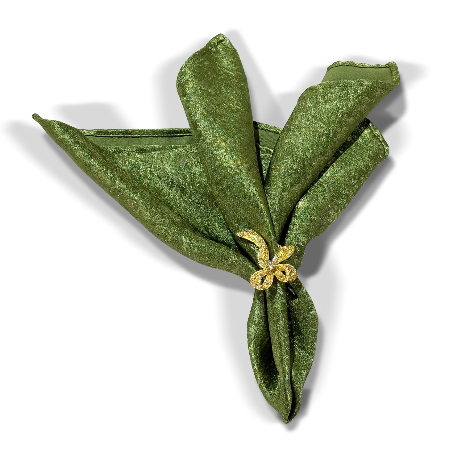 5 pcs/pk Crinkle Shimmer Napkin 20"x20" Willow Green with a gold bow napkin ring