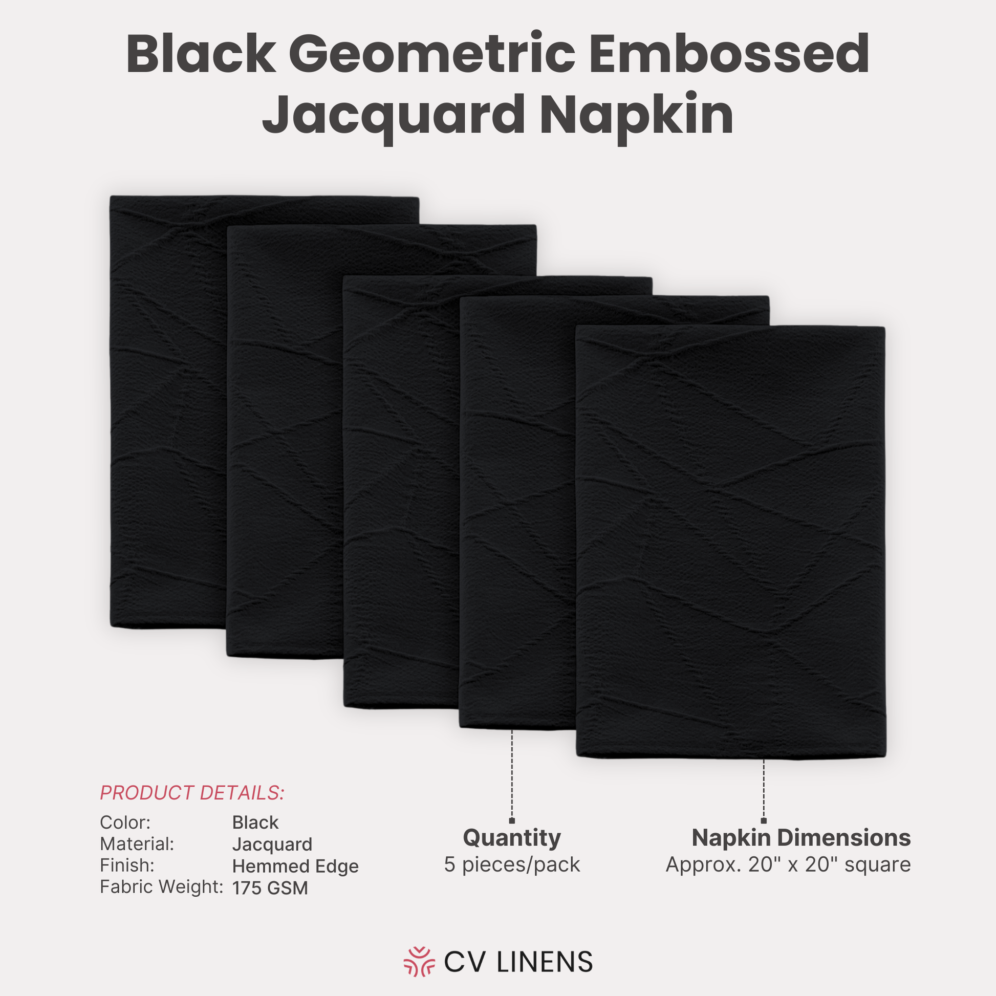 5 pcs/pk Embossed Geometric Jacquard Napkin 20"x20" Black infographic showing product details