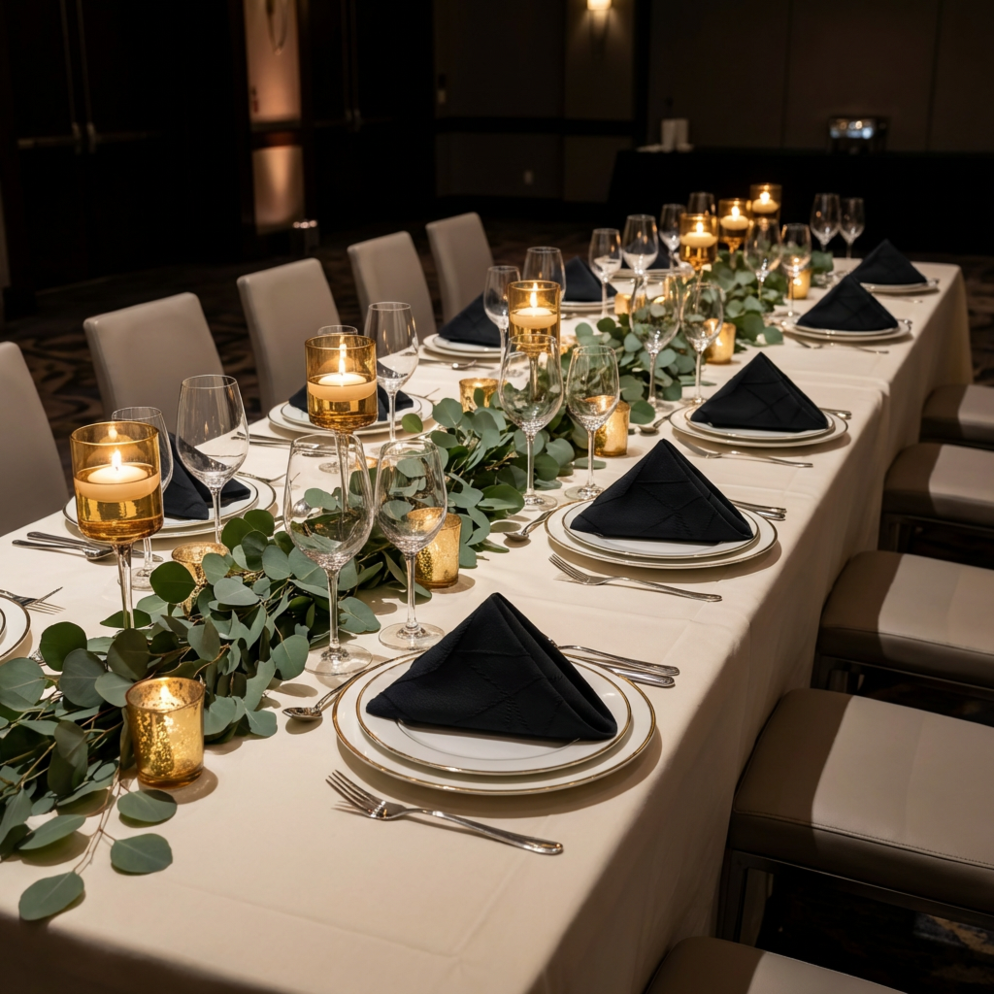 dinner gathering with 5 pcs/pk Embossed Geometric Jacquard Napkin 20"x20" Black, votive candles, and eucalytpus greenery table runner