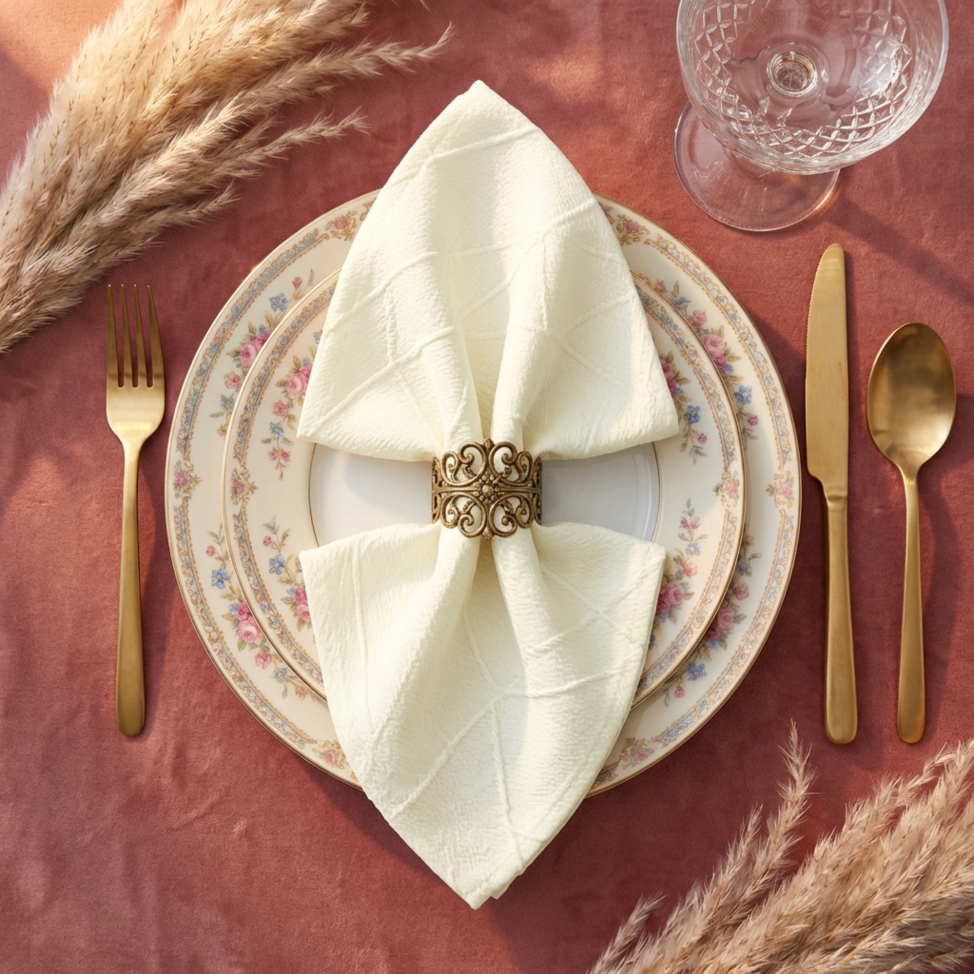 5pcs/pk Embossed Geometric Jacquard Napkin 20"x20" Ivory with a butterfly fold vtintage brass filigree ring