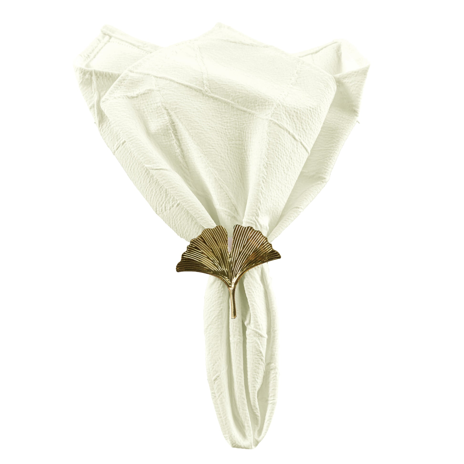 5 pcs/pk Embossed Geometric Jacquard Napkin 20"x20" Ivory fan fold with a gold napkin ring