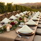 5 pcs/pk Embossed Geometric Jacquard Napkin 20"x20" Ivory on a wide banquet table with a burlap table runner, vineyard wedding reception