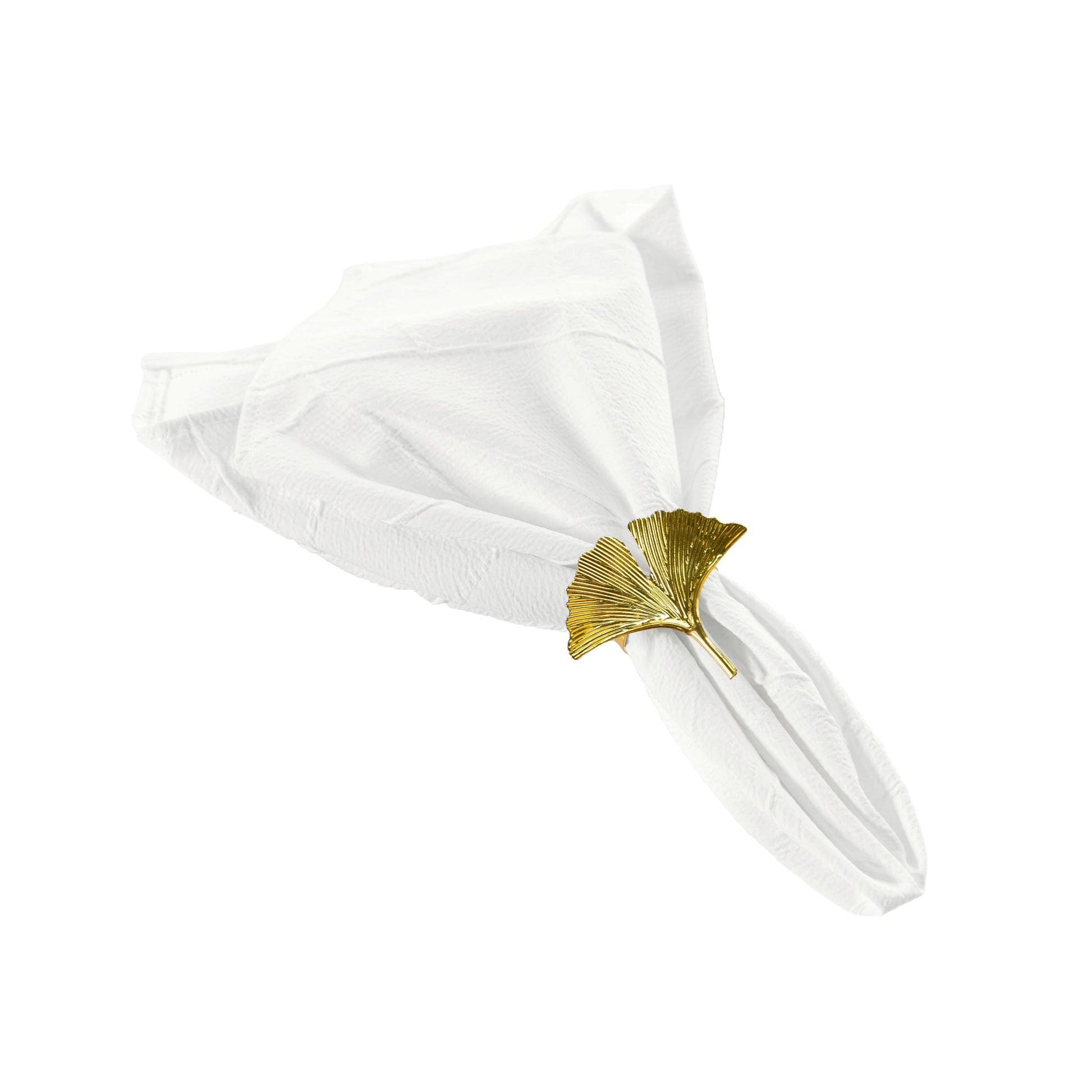 5 pcs/pk Embossed Geometric Jacquard Napkin 20"x20" - Light Ivory/Off White angled fan fold with a gold napkin ring