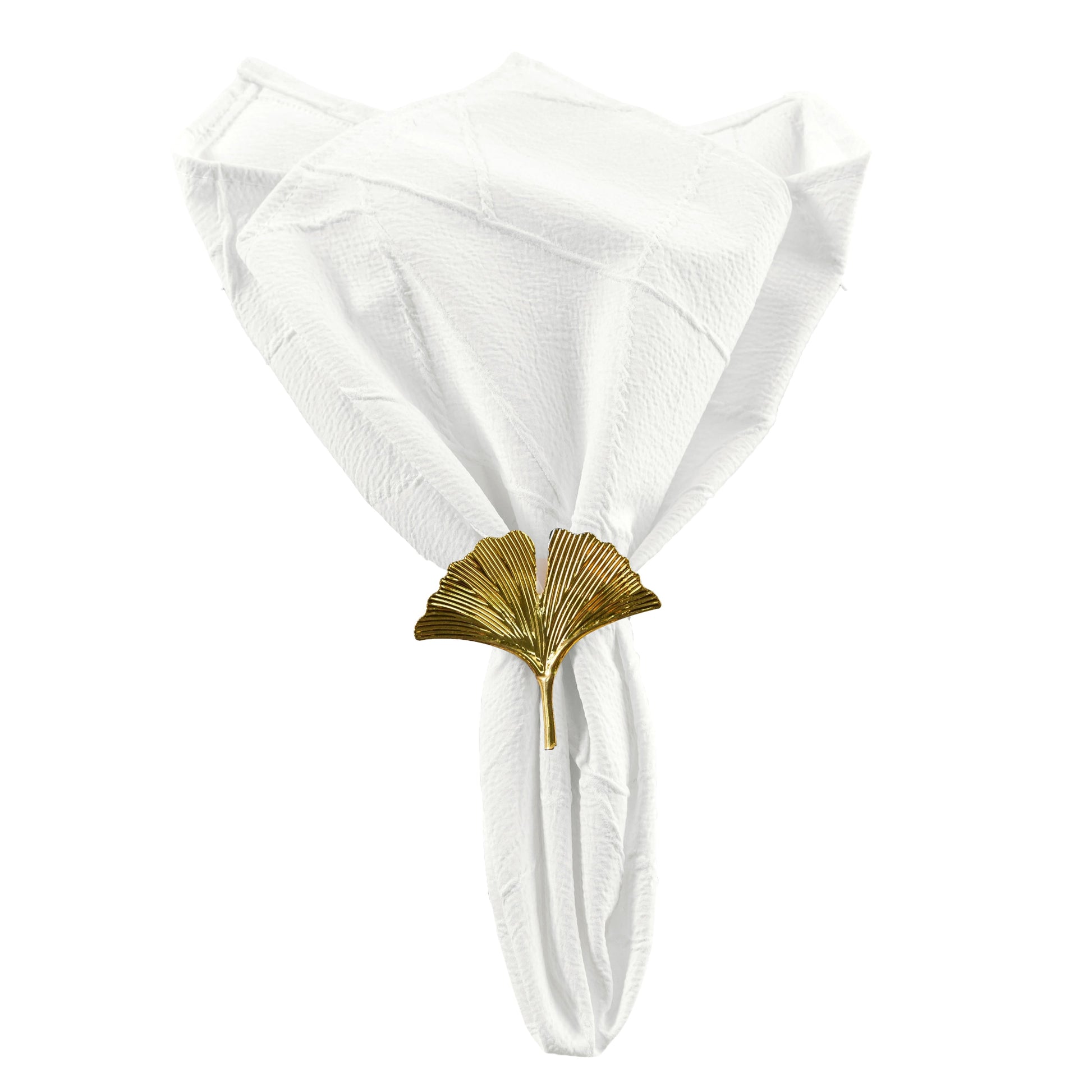 5 pcs/pk Embossed Geometric Jacquard Napkin 20"x20" - Light Ivory/Off White fan fold with a gold napkin ring