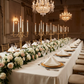 wedding 5pcs/pk Embossed Geometric Jacquard Napkin 20"x20" Light Ivory/Off White, triangle fold on gold charger plate, gold candelabra centerpieces and long table runner floral centerpiece